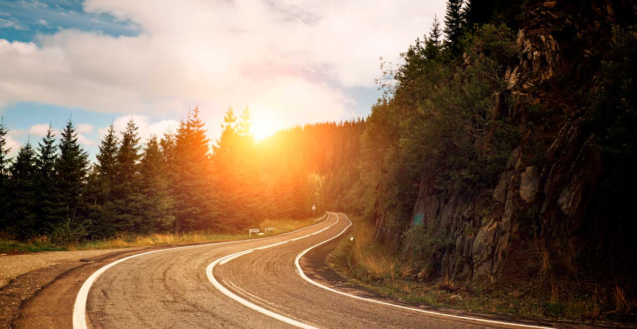 beautiful sunset road in the forest